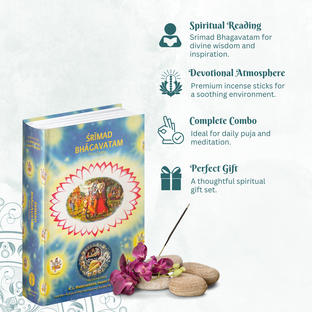 English Srimad Bhagavatam Canto 1 Combo Pack with Sandalwood Agarabatti – Spiritual Reading & Divine Fragrance Set