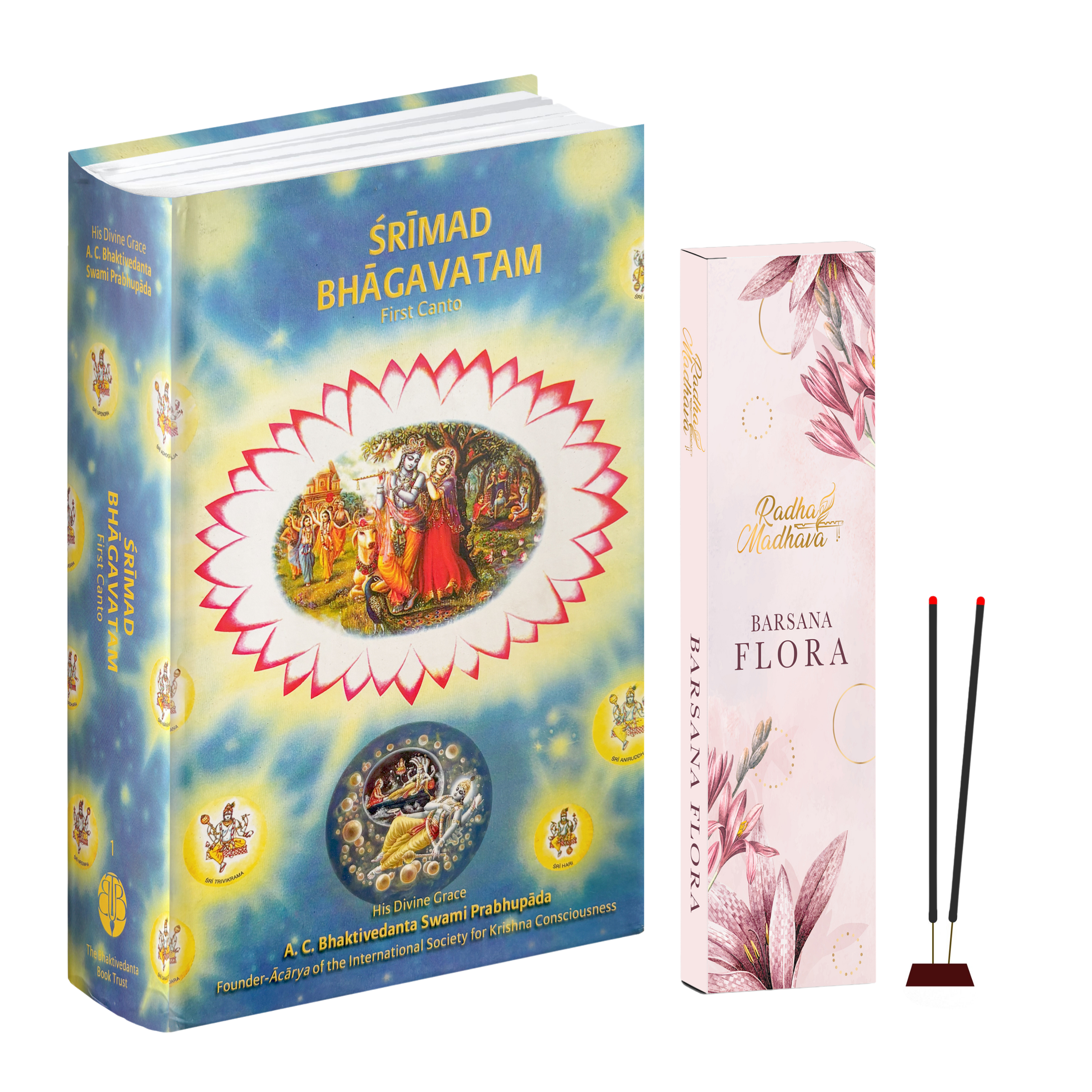 English Srimad Bhagavatam Canto 1 with Barsana Flower Premium Agarabatti Combo