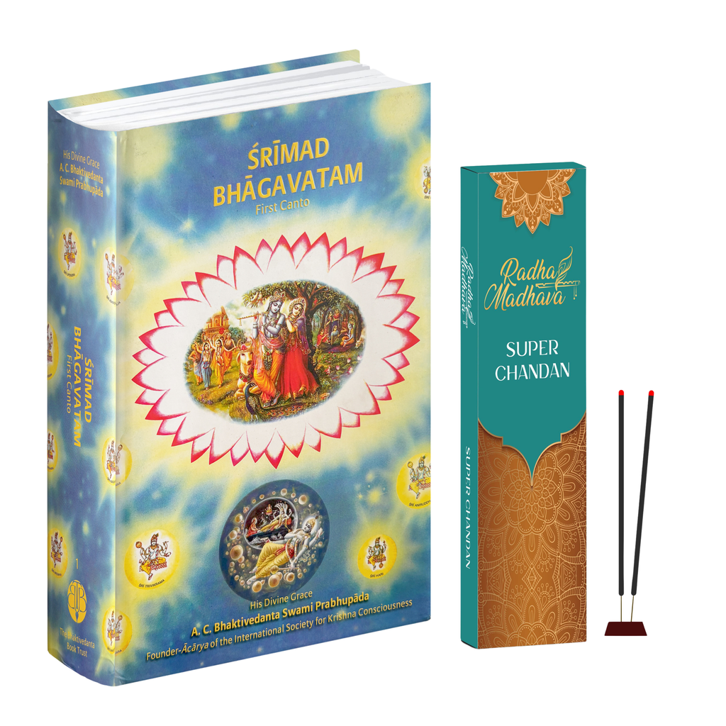 English Srimad Bhagavatam Canto 1 Combo Pack with Super Chandan Agarabatti – Spiritual Reading & Divine Fragrance Set
